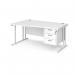 Maestro 25 left hand wave desk 1600mm wide with 3 drawer pedestal - white cantilever leg frame, white top MC16WLP3WHWH