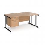 Maestro 25 right hand wave desk 1600mm wide with 2 drawer pedestal - black cantilever leg frame, beech top MC16WRP2KB
