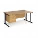 Maestro 25 right hand wave desk 1600mm wide with 2 drawer pedestal - black cantilever leg frame, oak top MC16WRP2KO