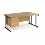 Maestro 25 right hand wave desk 1600mm wide with 2 drawer pedestal - black cantilever leg frame, oak top MC16WRP2KO