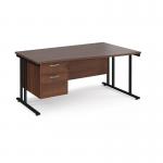 Maestro 25 right hand wave desk 1600mm wide with 2 drawer pedestal - black cantilever leg frame, walnut top MC16WRP2KW