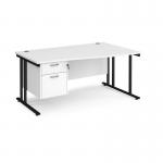 Maestro 25 right hand wave desk 1600mm wide with 2 drawer pedestal - black cantilever leg frame, white top MC16WRP2KWH