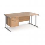 Maestro 25 right hand wave desk 1600mm wide with 2 drawer pedestal - silver cantilever leg frame, beech top MC16WRP2SB
