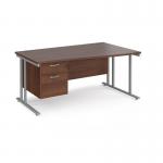 Maestro 25 right hand wave desk 1600mm wide with 2 drawer pedestal - silver cantilever leg frame, walnut top MC16WRP2SW