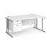 Maestro 25 right hand wave desk 1600mm wide with 2 drawer pedestal - silver cantilever leg frame, white top MC16WRP2SWH