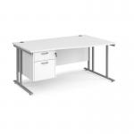Maestro 25 right hand wave desk 1600mm wide with 2 drawer pedestal - silver cantilever leg frame, white top MC16WRP2SWH