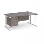 Maestro 25 right hand wave desk 1600mm wide with 2 drawer pedestal - white cantilever leg frame, grey oak top MC16WRP2WHGO