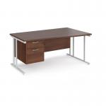Maestro 25 right hand wave desk 1600mm wide with 2 drawer pedestal - white cantilever leg frame, walnut top MC16WRP2WHW