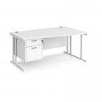 Maestro 25 right hand wave desk 1600mm wide with 2 drawer pedestal - white cantilever leg frame, white top MC16WRP2WHWH