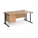 Maestro 25 right hand wave desk 1600mm wide with 3 drawer pedestal - black cantilever leg frame, beech top MC16WRP3KB