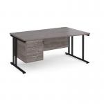 Maestro 25 right hand wave desk 1600mm wide with 3 drawer pedestal - black cantilever leg frame, grey oak top MC16WRP3KGO