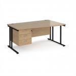 Maestro 25 right hand wave desk 1600mm wide with 3 drawer pedestal - black cantilever leg frame, Kendal oak top MC16WRP3KKO