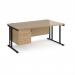 Maestro 25 right hand wave desk 1600mm wide with 3 drawer pedestal - black cantilever leg frame, Kendal oak top MC16WRP3KKO