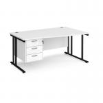 Maestro 25 right hand wave desk 1600mm wide with 3 drawer pedestal - black cantilever leg frame, white top MC16WRP3KWH