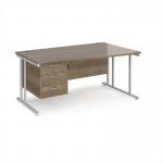 Maestro 25 right hand wave desk 1600mm wide with 3 drawer pedestal - white cantilever leg frame, Nebraska oak top MC16WRP3WHNO