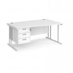 Maestro 25 right hand wave desk 1600mm wide with 3 drawer pedestal - white cantilever leg frame, white top MC16WRP3WHWH