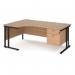 Maestro 25 left hand ergonomic desk 1800mm wide with 2 drawer pedestal - black cantilever leg frame, beech top MC18ELP2KB