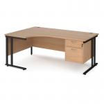 Maestro 25 left hand ergonomic desk 1800mm wide with 2 drawer pedestal - black cantilever leg frame, beech top MC18ELP2KB