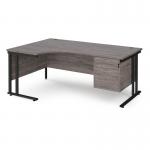 Maestro 25 left hand ergonomic desk 1800mm wide with 2 drawer pedestal - black cantilever leg frame, grey oak top MC18ELP2KGO