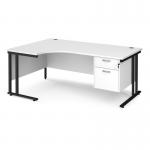 Maestro 25 left hand ergonomic desk 1800mm wide with 2 drawer pedestal - black cantilever leg frame, white top MC18ELP2KWH