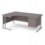 Maestro 25 left hand ergonomic desk 1800mm wide with 2 drawer pedestal - silver cantilever leg frame, grey oak top MC18ELP2SGO