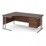 Maestro 25 left hand ergonomic desk 1800mm wide with 2 drawer pedestal - silver cantilever leg frame and walnut top