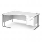 Maestro 25 left hand ergonomic desk 1800mm wide with 2 drawer pedestal - silver cantilever leg frame and white top