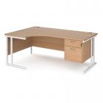 Maestro 25 left hand ergonomic desk 1800mm wide with 2 drawer pedestal - white cantilever leg frame, beech top MC18ELP2WHB