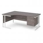 Maestro 25 left hand ergonomic desk 1800mm wide with 2 drawer pedestal - white cantilever leg frame and grey oak top
