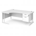 Maestro 25 left hand ergonomic desk 1800mm wide with 2 drawer pedestal - white cantilever leg frame, white top MC18ELP2WHWH