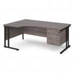 Maestro 25 left hand ergonomic desk 1800mm wide with 3 drawer pedestal - black cantilever leg frame, grey oak top MC18ELP3KGO