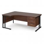 Maestro 25 left hand ergonomic desk 1800mm wide with 3 drawer pedestal - black cantilever leg frame, walnut top MC18ELP3KW