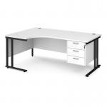Maestro 25 left hand ergonomic desk 1800mm wide with 3 drawer pedestal - black cantilever leg frame, white top MC18ELP3KWH