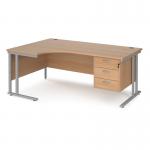 Maestro 25 left hand ergonomic desk 1800mm wide with 3 drawer pedestal - silver cantilever leg frame and beech top