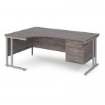 Maestro 25 left hand ergonomic desk 1800mm wide with 3 drawer pedestal - silver cantilever leg frame and grey oak top