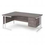 Maestro 25 left hand ergonomic desk 1800mm wide with 3 drawer pedestal - white cantilever leg frame and grey oak top