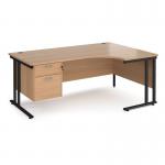 Maestro 25 right hand ergonomic desk 1800mm wide with 2 drawer pedestal - black cantilever leg frame, beech top MC18ERP2KB