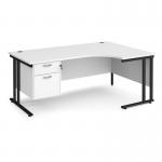 Maestro 25 right hand ergonomic desk 1800mm wide with 2 drawer pedestal - black cantilever leg frame, white top MC18ERP2KWH