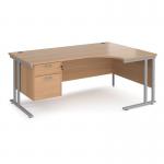 Maestro 25 right hand ergonomic desk 1800mm wide with 2 drawer pedestal - silver cantilever leg frame, beech top MC18ERP2SB