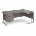 Maestro 25 right hand ergonomic desk 1800mm wide with 2 drawer pedestal - silver cantilever leg frame, grey oak top MC18ERP2SGO
