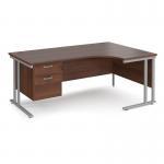 Maestro 25 right hand ergonomic desk 1800mm wide with 2 drawer pedestal - silver cantilever leg frame, walnut top MC18ERP2SW