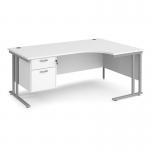 Maestro 25 right hand ergonomic desk 1800mm wide with 2 drawer pedestal - silver cantilever leg frame, white top MC18ERP2SWH
