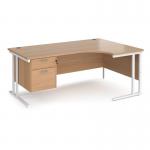 Maestro 25 right hand ergonomic desk 1800mm wide with 2 drawer pedestal - white cantilever leg frame, beech top MC18ERP2WHB
