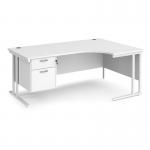 Maestro 25 right hand ergonomic desk 1800mm wide with 2 drawer pedestal - white cantilever leg frame, white top MC18ERP2WHWH