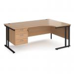 Maestro 25 right hand ergonomic desk 1800mm wide with 3 drawer pedestal - black cantilever leg frame, beech top MC18ERP3KB