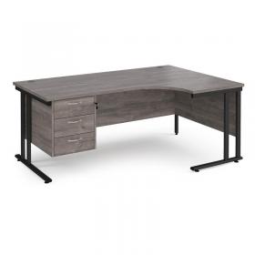 Maestro 25 right hand ergonomic desk 1800mm wide with 3 drawer pedestal - black cantilever leg frame, grey oak top MC18ERP3KGO