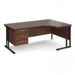 Maestro 25 right hand ergonomic desk 1800mm wide with 3 drawer pedestal - black cantilever leg frame, walnut top MC18ERP3KW