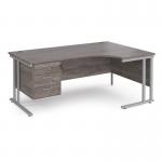 Maestro 25 right hand ergonomic desk 1800mm wide with 3 drawer pedestal - silver cantilever leg frame, grey oak top MC18ERP3SGO