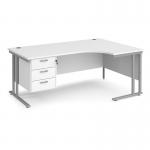 Maestro 25 right hand ergonomic desk 1800mm wide with 3 drawer pedestal - silver cantilever leg frame, white top MC18ERP3SWH