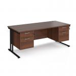Maestro 25 straight desk 1800mm x 800mm with two x 2 drawer pedestals - black cantilever leg frame, walnut top MC18P22KW